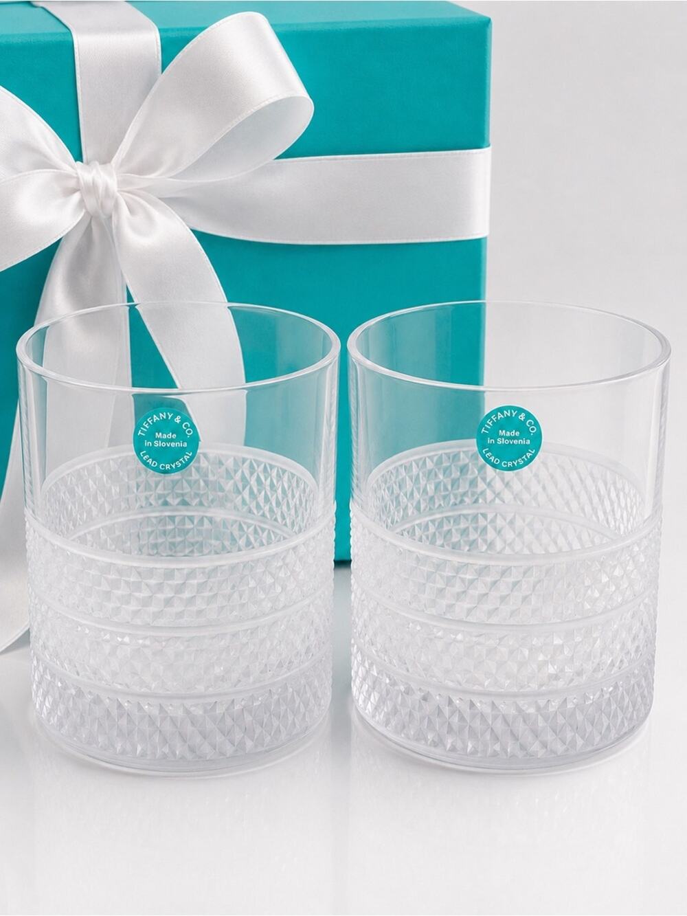 TWO NEW Tiffany Diamond Point Crystal Glasses Height 4" Double Old Fashioned